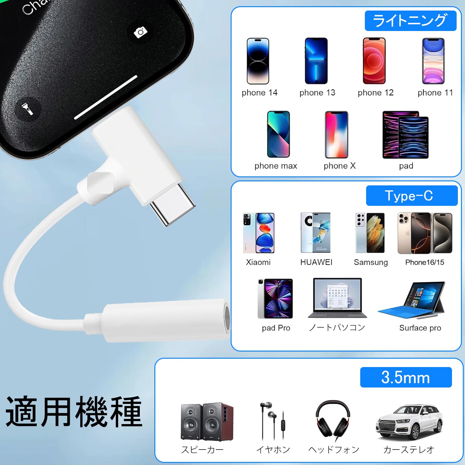 Amazon.co.jp: 3.5MM to Type-C or Lightning phone 2in1変換イヤホン